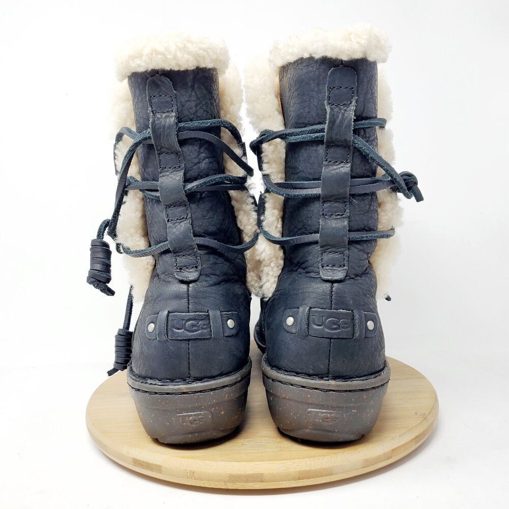 UGG Akadia Boots Women 9 Black Nubuck‎ Leather Shearling Wrap Tie Winter Shoes - Picture 9 of 13